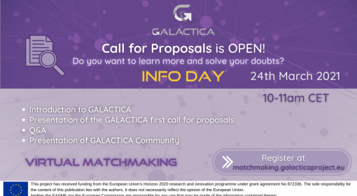 No passado dia 24 de março decorreu o Info Day da 1ª call for proposals do projeto GALACTICA em simultâneo com o 1º evento de Matchmaking! 