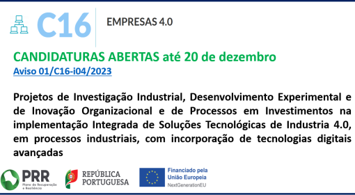PRR – Indústria 4.0 – Candidaturas Abertas até 20 de dezembro 2023, para Projetos de Investigação Industrial, desenvolvimento Experimental e de Inovação Organizacional e de Processos